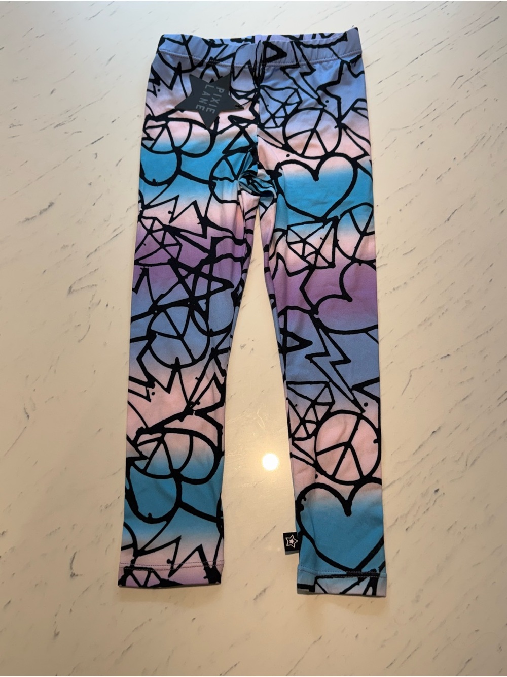 Pixielane Kids Gradient Heart & Peace Print Leggings - Blue/Purple/Pink